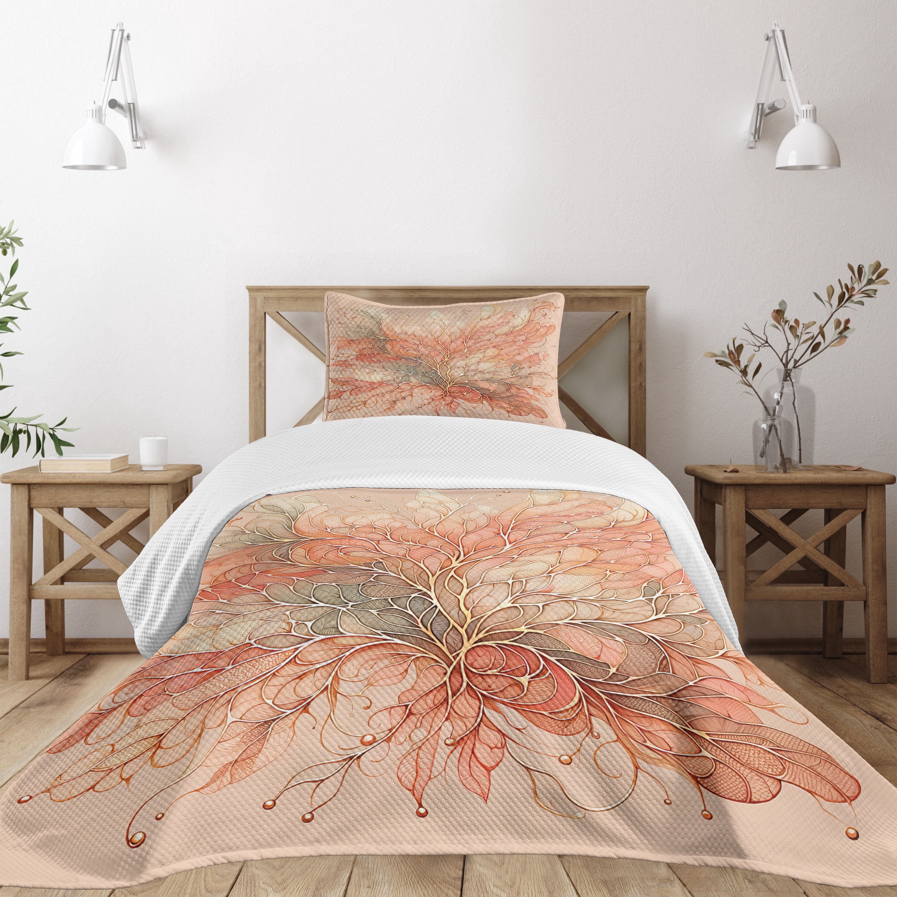 Ambesonne Peach Quilted Bedspread Set 2 Pcs, Soft Scale and Leafy ...