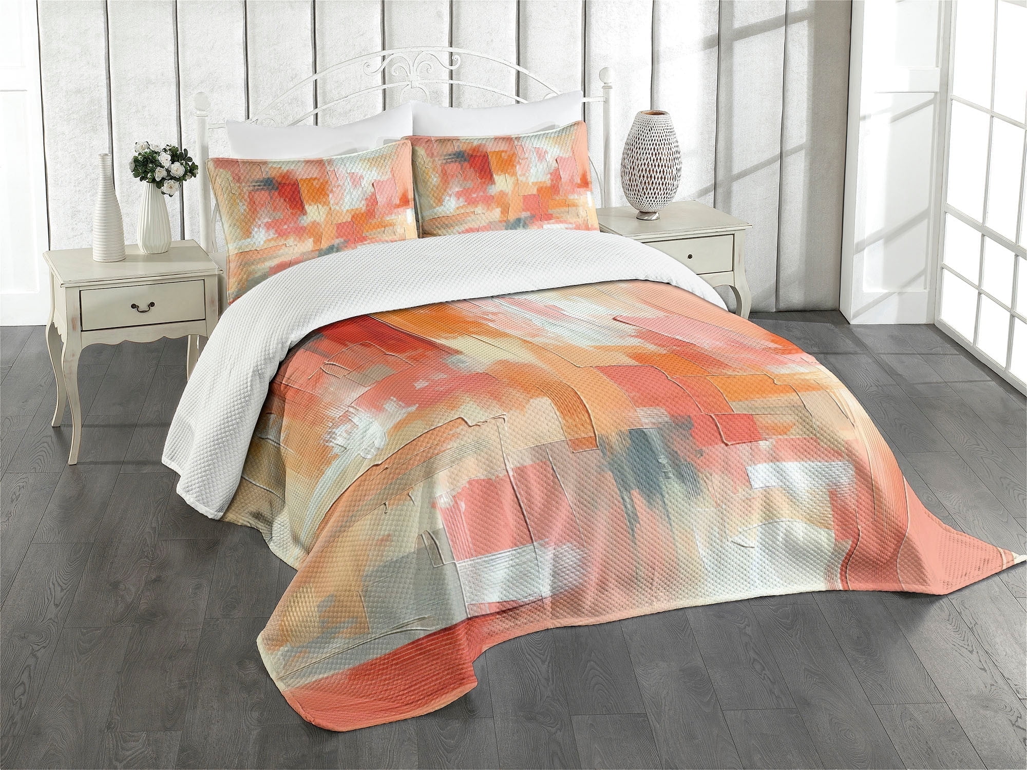 Queen Size Coral Orange and Ecru Quilted Bedspread Set