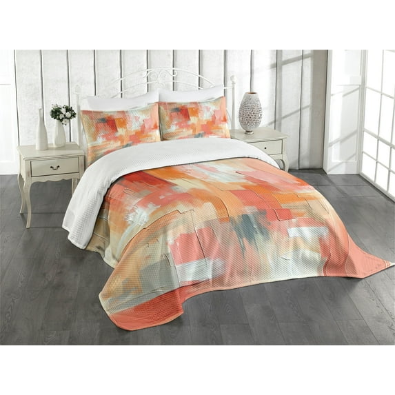 Ambesonne Peach Quilted Bedspread Set 3 Pcs, Contemporary Brush Stroke Art, Queen Size, Coral Orange and Ecru