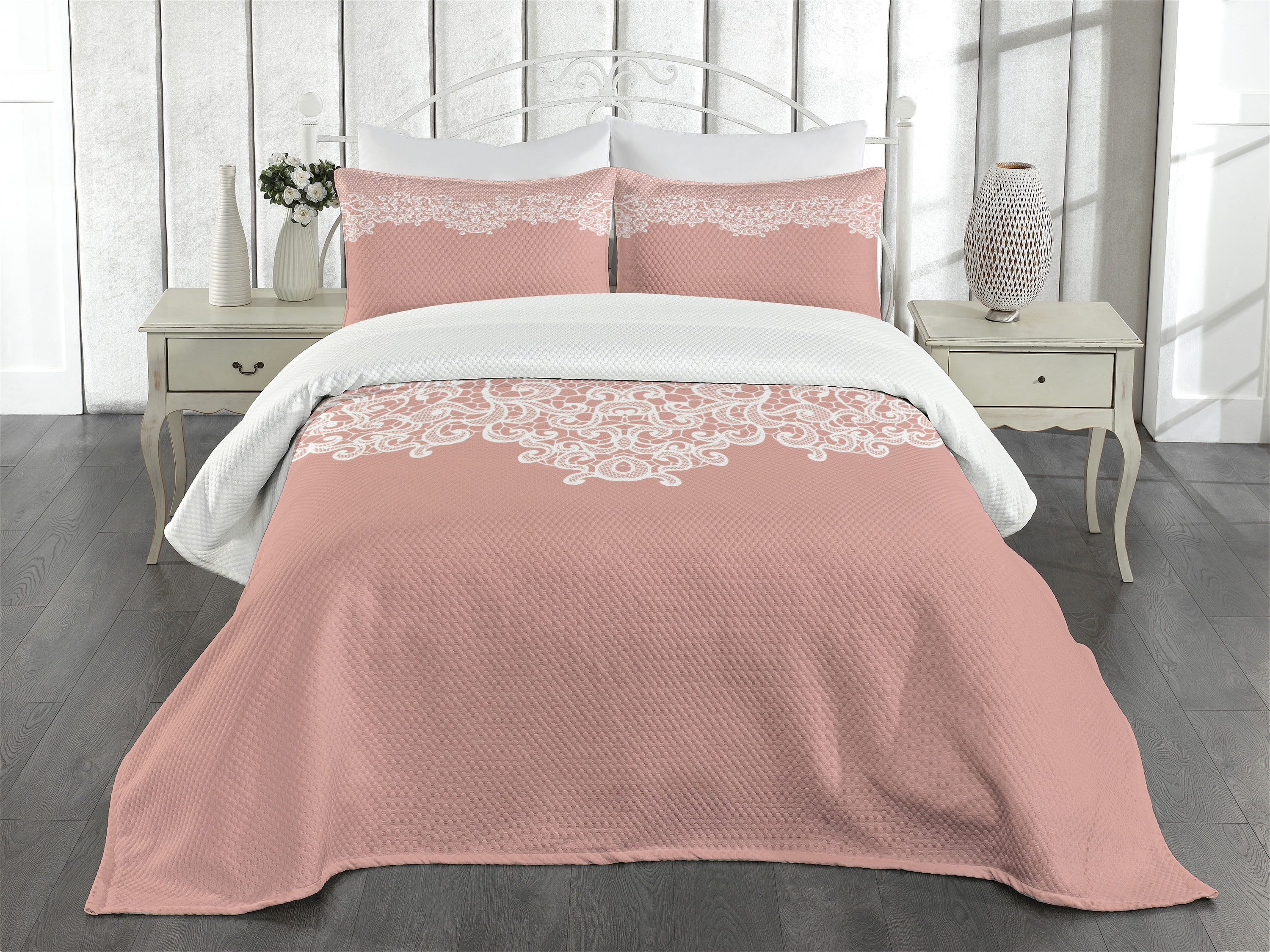 Coral and White Quilted Queen Bedspread Set with Shams