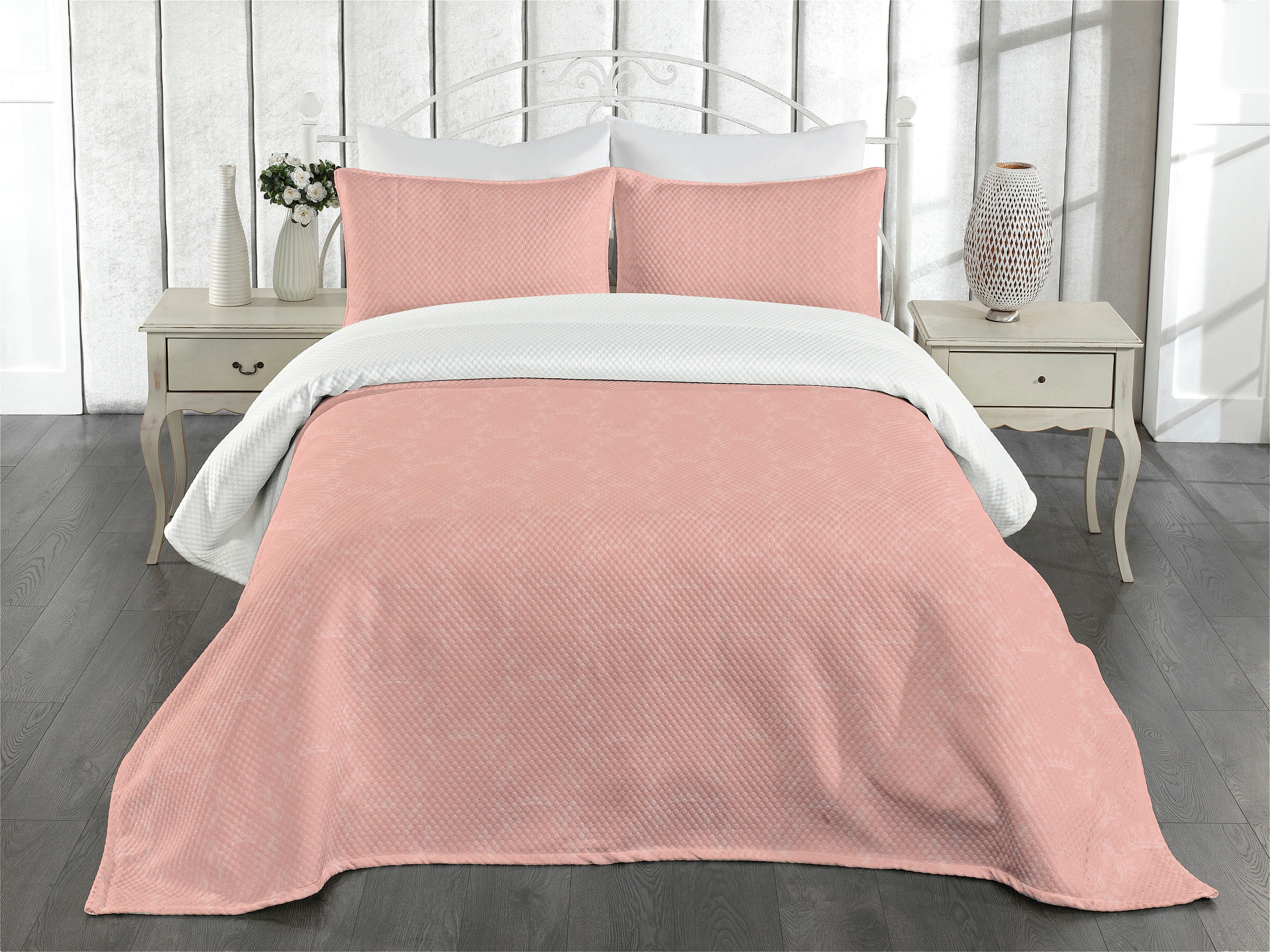 Queen Size Peach Quilted Bedspread Set with Pillow Shams
