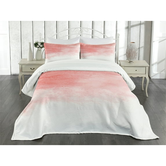 Ambesonne Peach Quilted Bedspread Set 3 Pcs, Watercolor Ombre Brush, King Size, Coral White