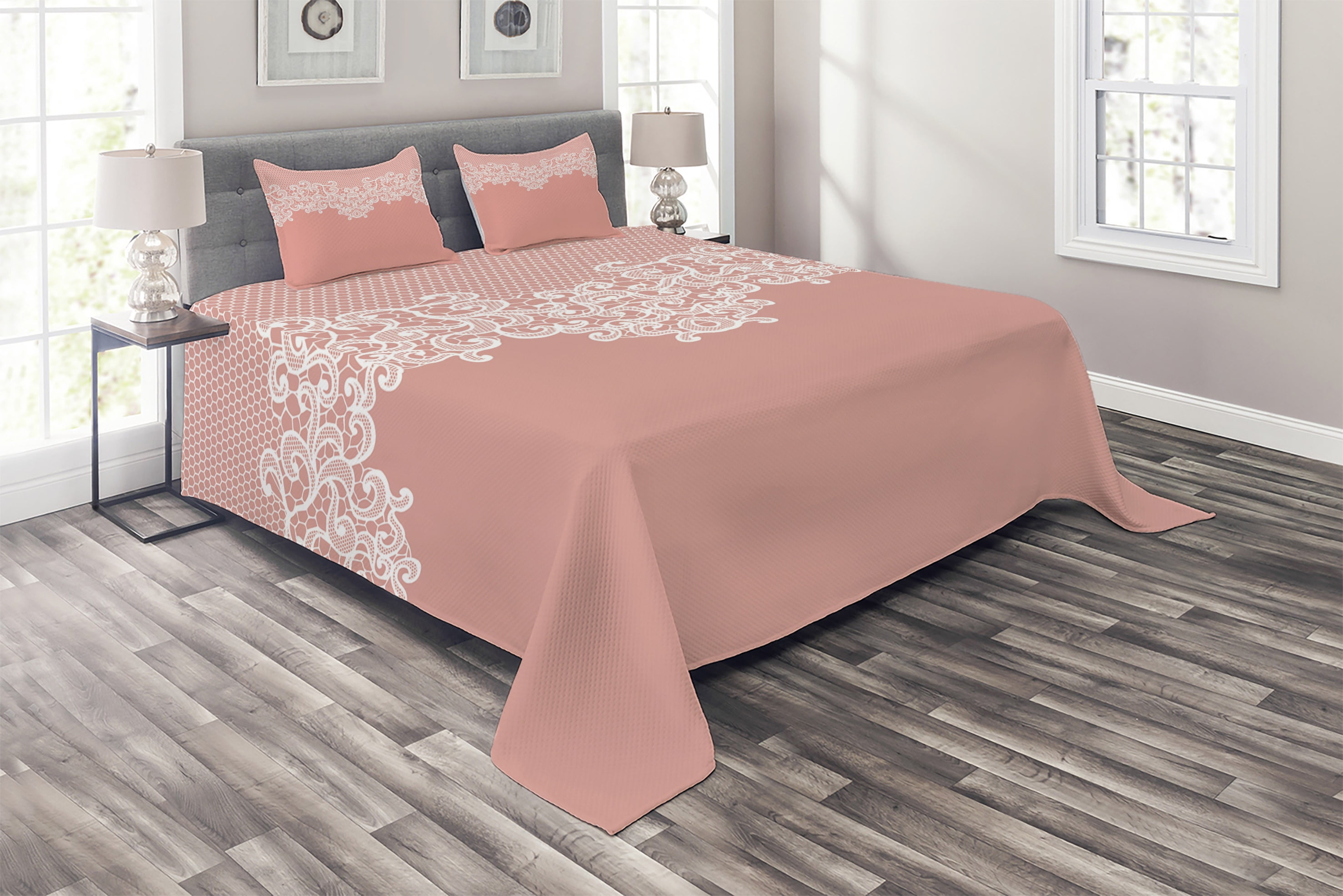 Coral and White Quilted Queen Bedspread Set with Shams