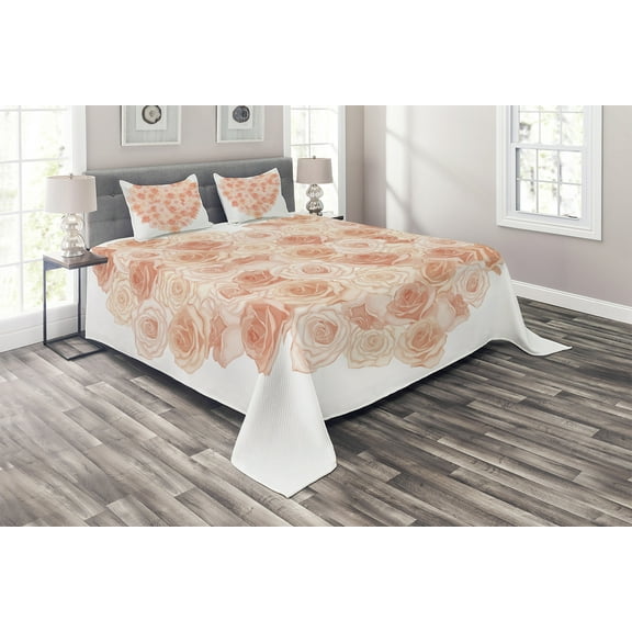 Ambesonne Peach Quilted Coverlet 3 Pcs, Heart Shaped Blossoms, King Size, Salmon Peach