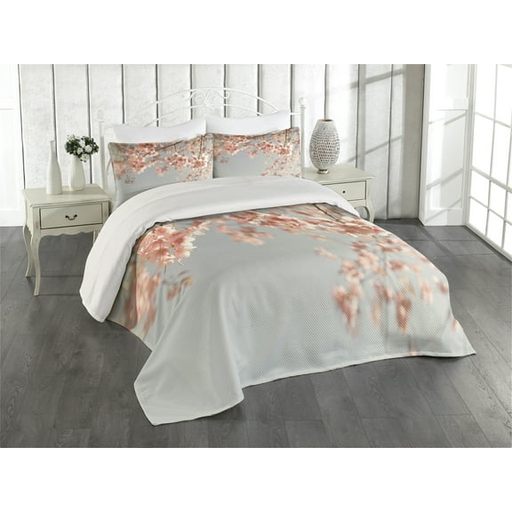 Ambesonne Peach Quilted Coverlet 3 Pcs, Scenery Sakura Trees, King Size, Bluegrey Coral