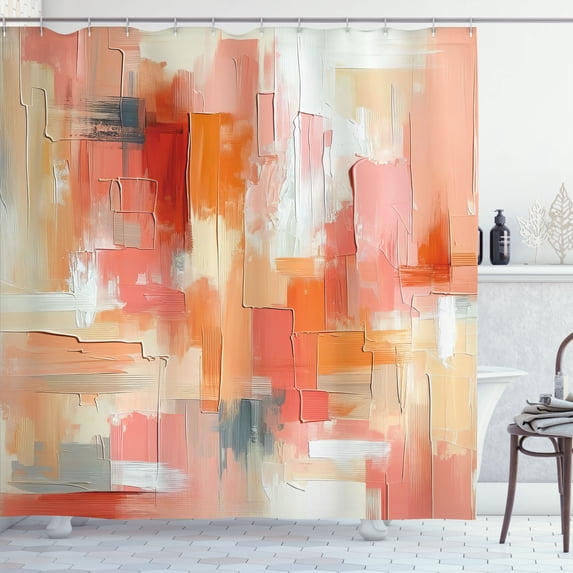 Ambesonne Peach Shower Curtain, Contemporary Brush Stroke Art, 69"Wx84"L, Coral Orange and Ecru