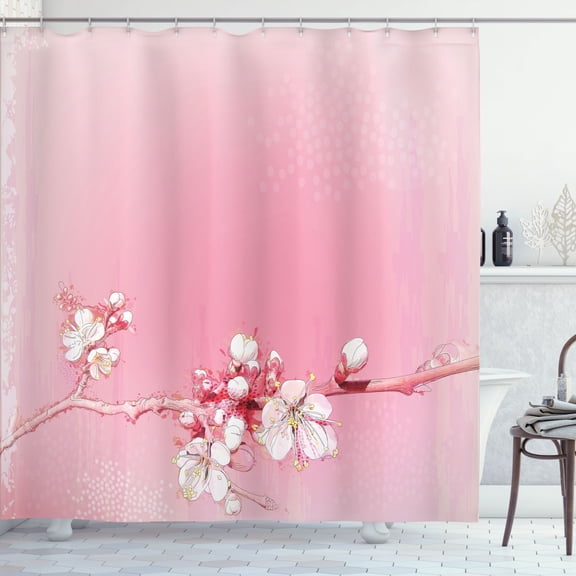 Ambesonne Peach Shower Curtain, Japanese Cherry Bloom, 69"Wx70"L, Pink White