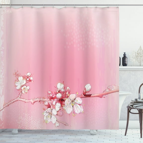 Ambesonne Peach Shower Curtain, Japanese Cherry Bloom, 69"Wx84"L, Pink White