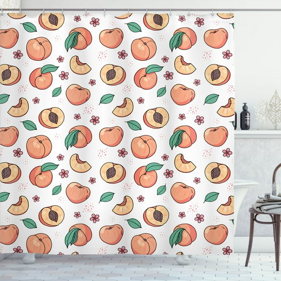 Ambesonne Peach Shower Curtain, Minimal Leaves and Fruits, 69"Wx75"L, Salmon Pastel Pink and Taupe