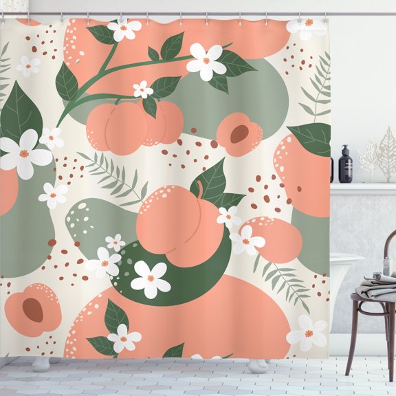 Ambesonne Peach Shower Curtain, Modern Pastel Garden Fruits, 69"Wx70"L, Salmon Eggshell and Green