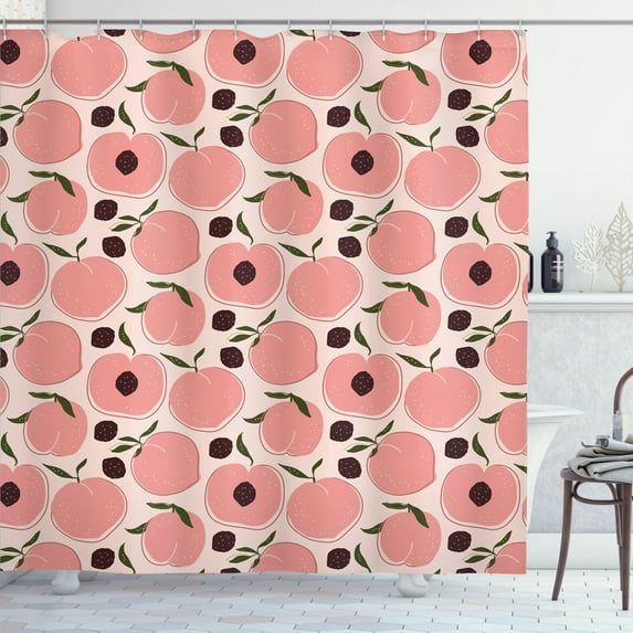 Ambesonne Peach Shower Curtain, Simple Cartoon Sketch Fruits, 69"Wx70"L, Seal Brown Blush and Pearl