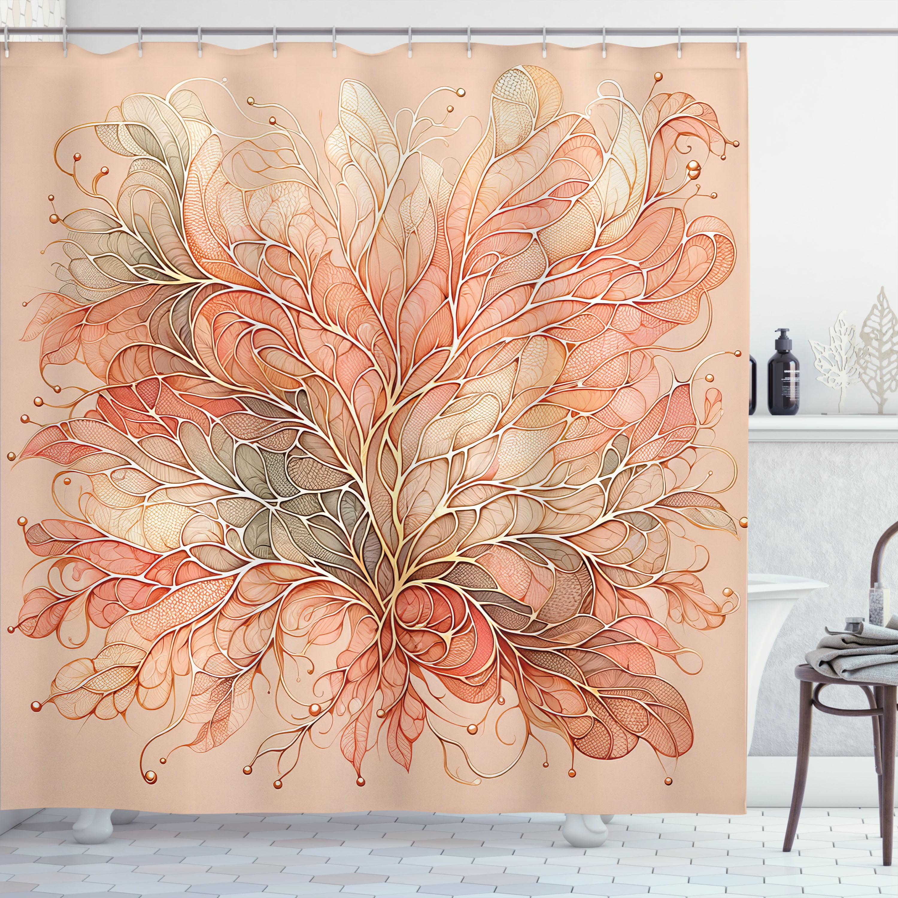 Ambesonne Peach Shower Curtain, Soft Scale and Leafy Branches, 69"Wx84