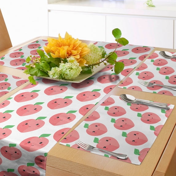 Ambesonne Peach Table Runner & Placemats, Kawaii Smiling Fruit Cartoon, Placemat 4 pcs + Runner 14"x90", Pastel Pink White Green