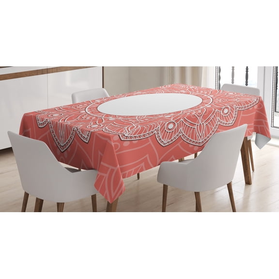 Ambesonne Peach Tablecloth Rectangular Table Cover, Bridal Lace Design Soft, 60"x90", Coral White