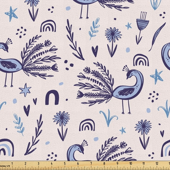 Ambesonne Peacock Christmas Fabric by the Yard Upholstery, Bird and Symbols, 10 Yards, Pearl Indigo Pale Blue