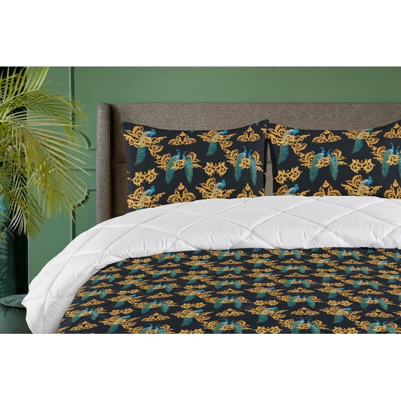 Ambesonne Peacock Down Alternative Quilt Comforter, Exotic Bird Curlicue Boho, King, Dark Teal and Marigold