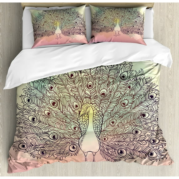 Ambesonne Peacock Duvet Cover Set, Aquarelle Bird of Juno Art, 2-Calking, Cream Multicolor