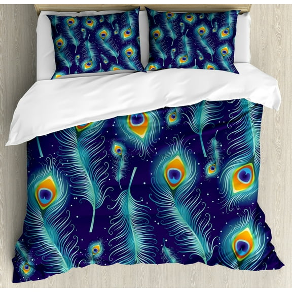 Ambesonne Peacock Duvet Cover Set, Peacock Bird Feathers, Queen, Navy Blue Orange