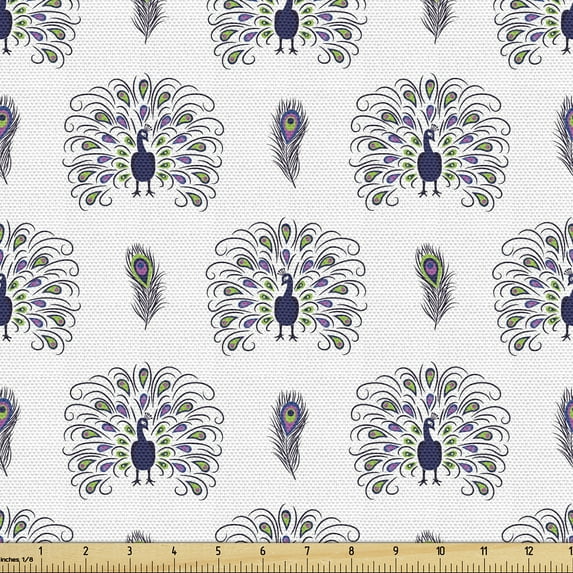 Ambesonne Peacock Fabric by the Yard Upholstery, Boho Bird Pattern, 3 Yards, Indigo Multicolor