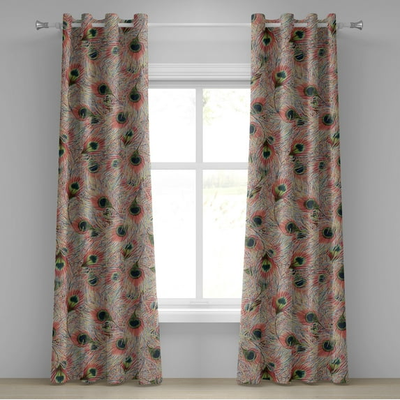 Ambesonne Peacock Feathers Grommet Curtain, Jumble Fuzz Art, 50"x120", Dark Coral Apple Green