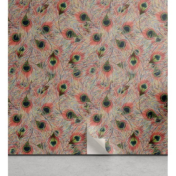 Ambesonne Peacock Feathers Peel & Stick Wallpaper for Home, Jumble Fuzz Art, 13"x100", Dark Coral Apple Green
