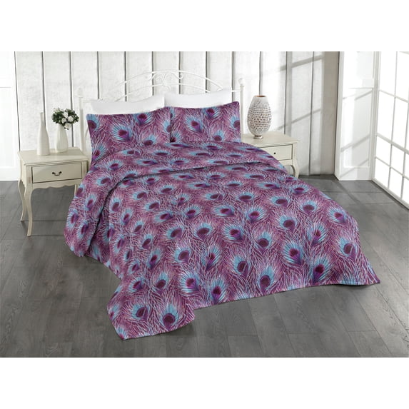 Ambesonne Peacock Feathers Quilted Bedspread Set 3 Pcs, Tropical Fuzz Art, Twin, Pale Azure Blue Indigo
