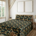 thumbnail image 1 of Ambesonne Peacock Fitted & Flat Sheet with Sham 3 Pcs Set, Exotic Bird Curlicue Boho, Twin, Dark Teal and Marigold, 1 of 5