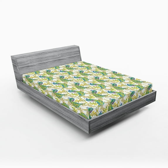Ambesonne Peacock Fitted Sheet 2 Pcs Set, Vivid Birds on Branches, Queen, Multicolor