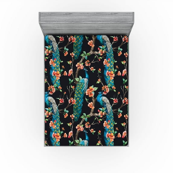 Ambesonne Peacock Fitted Sheet, Birds Blooming Floral Art, Full Size, Vermilion Sea Blue Teal