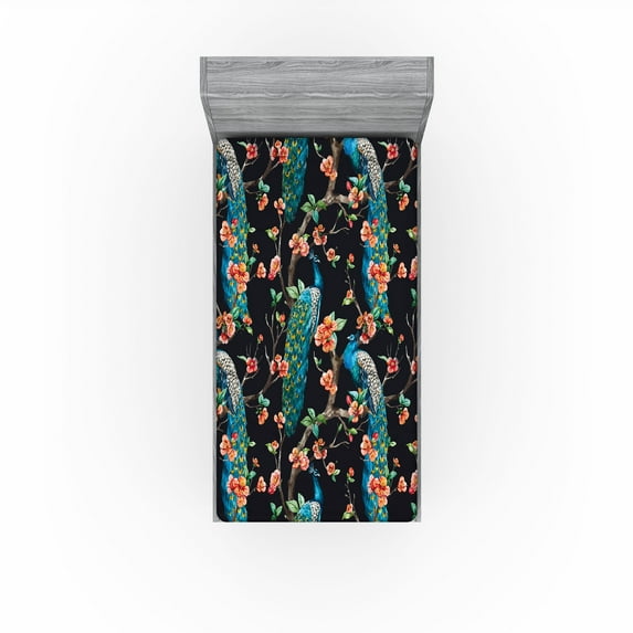 Ambesonne Peacock Fitted Sheet, Birds Blooming Floral Art, Twin XL Size, Vermilion Sea Blue Teal