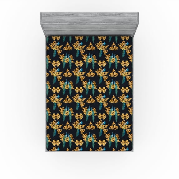 Ambesonne Peacock Fitted Sheet, Exotic Bird Curlicue Boho, Full Size, Dark Teal and Marigold