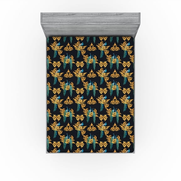 Ambesonne Peacock Fitted Sheet, Exotic Bird Curlicue Boho, Queen Size, Dark Teal and Marigold