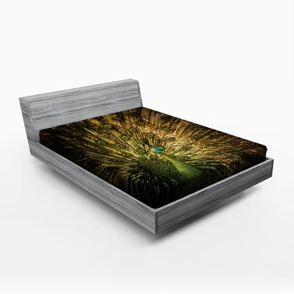Ambesonne Peacock Fitted Sheet, Exotic Dark Feathers, Full Size, Mustard Green