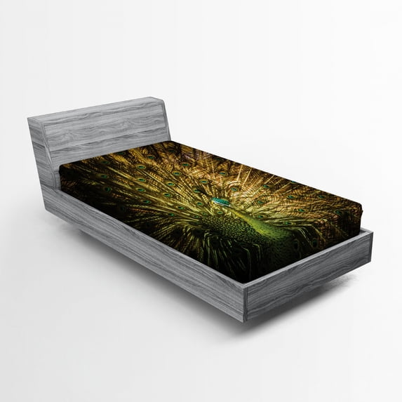 Ambesonne Peacock Fitted Sheet, Exotic Dark Feathers, Twin Size, Mustard Green