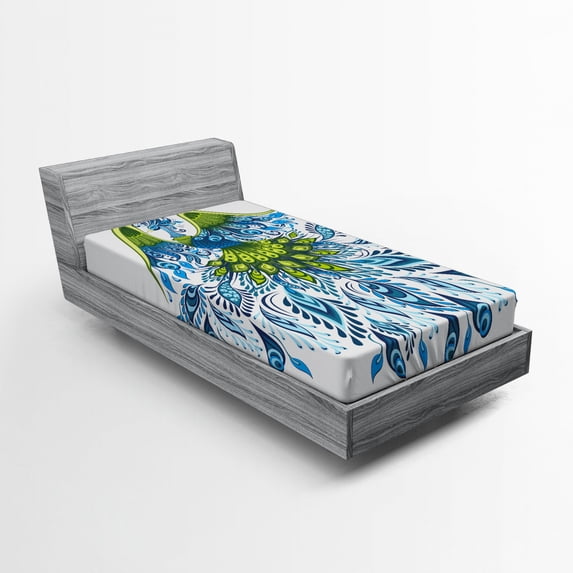 Ambesonne Peacock Fitted Sheet, Exotic Feathery Bird Motif, Twin XL Size, Blue Green