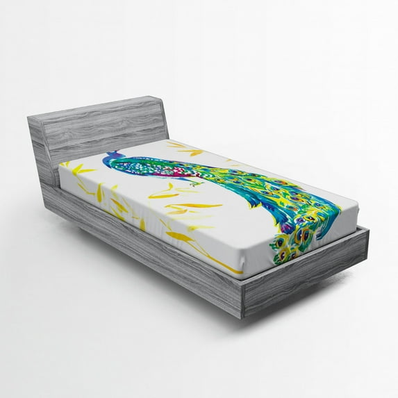 Ambesonne Peacock Fitted Sheet, Floral Watercolors Art, Twin Size, Multicolor