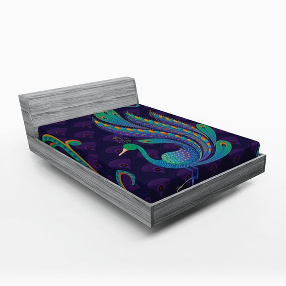 Ambesonne Peacock Fitted Sheet, Oriental Bird Feather, Full Size, Purple Green and Blue