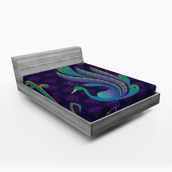 Ambesonne Peacock Fitted Sheet, Oriental Bird Feather, Queen Size, Purple Green and Blue