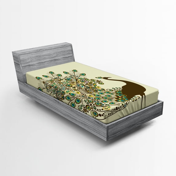 Ambesonne Peacock Fitted Sheet, Peacock Bird Profile, Twin Size, Multicolor