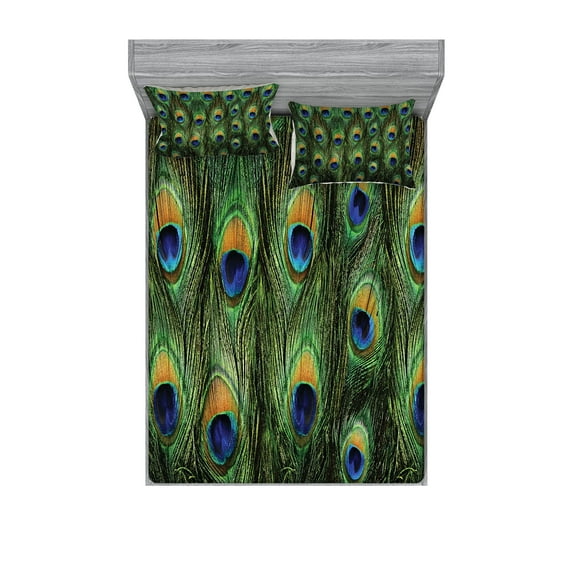 Ambesonne Peacock Fitted Sheet & Pillow Sham Set, Exotic Animal Feathers, Full, Green Mustard Navy