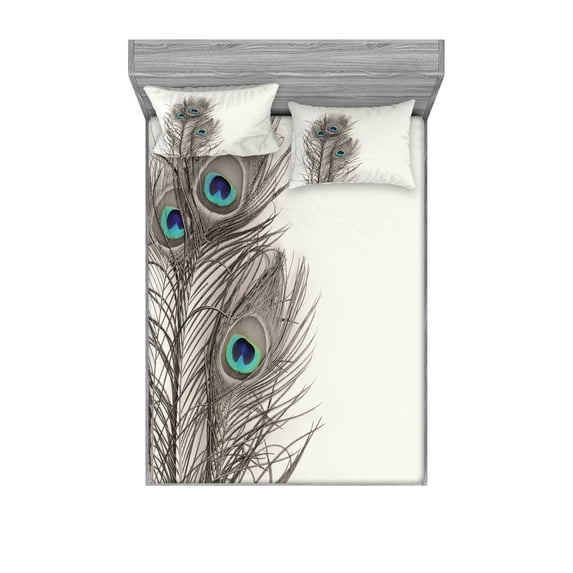 Ambesonne Peacock Fitted Sheet & Pillow Sham Set, Feathers of Exotic Bird, Calking, White Taupe and Blue