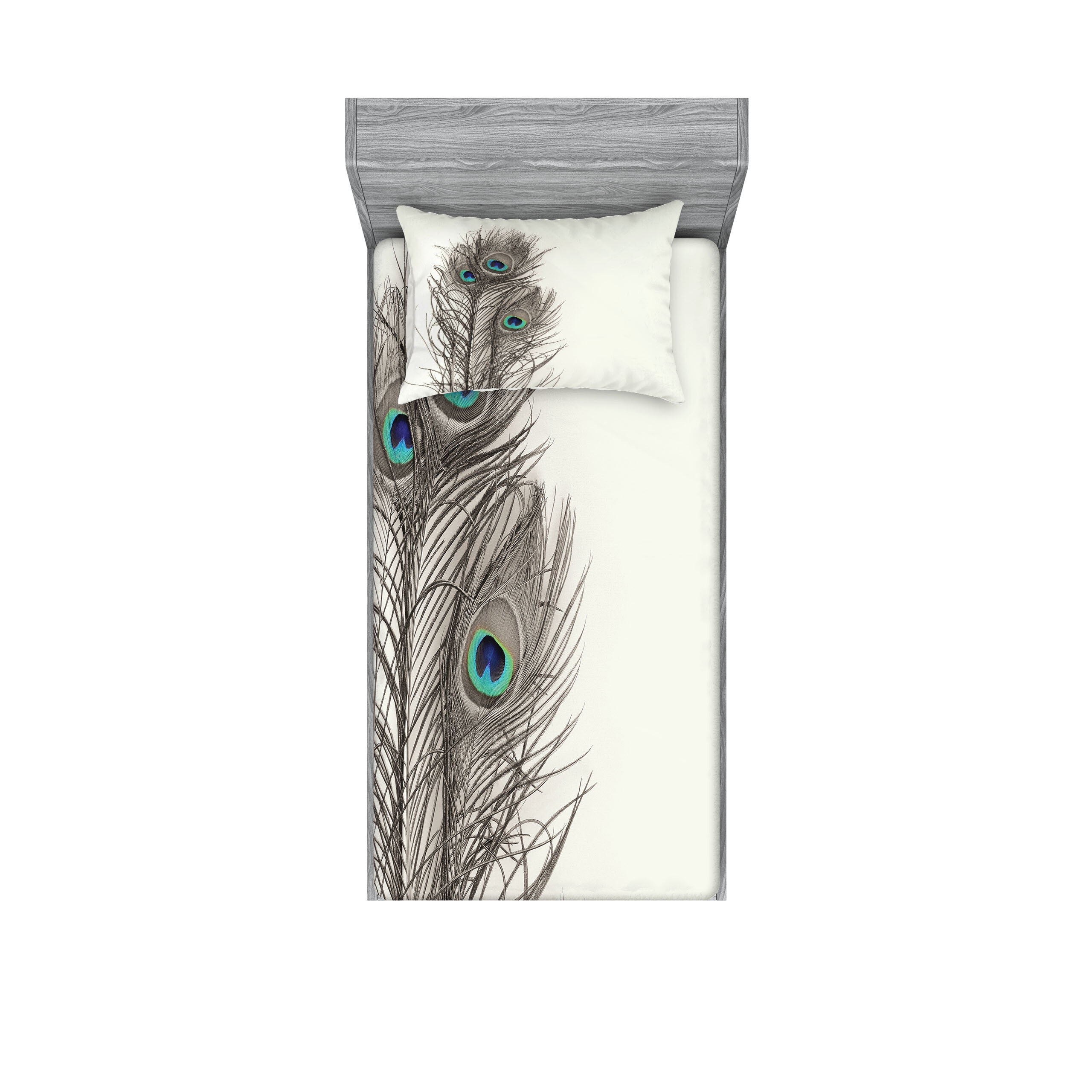White and Taupe Microfiber Twin XL Peacock Print Sheet Set