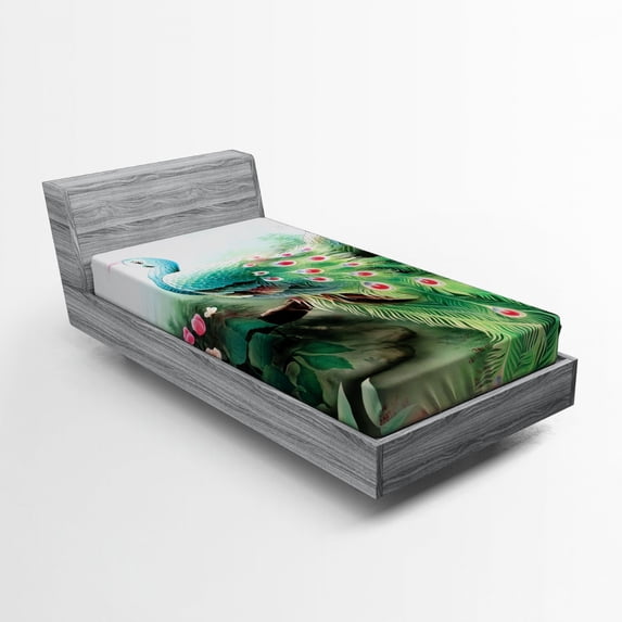 Ambesonne Peacock Fitted Sheet, Summer Flower Garden, Twin Size, Green Fuchsia