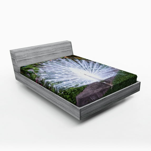 Ambesonne Peacock Fitted Sheet, Tropical Garden Feather, Full Size, White Green