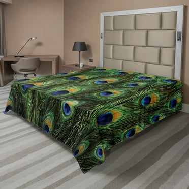 Ambesonne Peacock Flat Sheet, Exotic Animal Feathers, California King, Green Mustard Navy