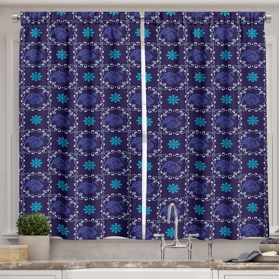 Ambesonne Peacock Kitchen Curtains, Oriental Animal Feathers, 55"x45", Indigo Sea Blue