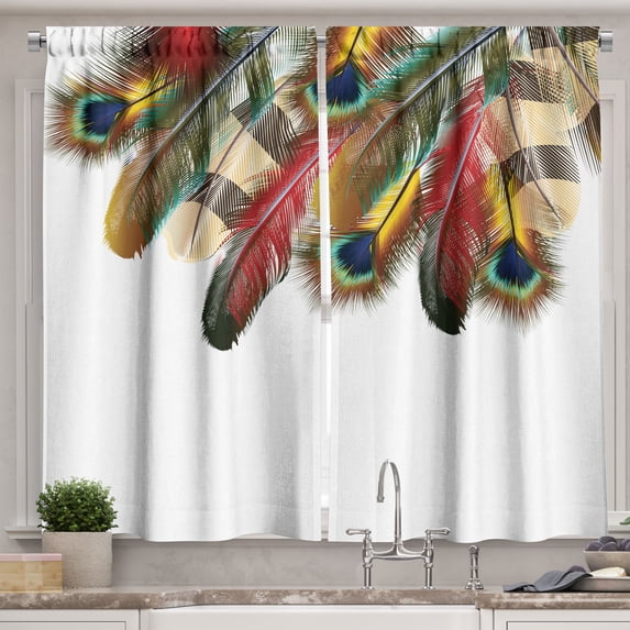 Ambesonne Peacock Kitchen Curtains, Vibrant Feathers Boho, 55"x24", Multicolor