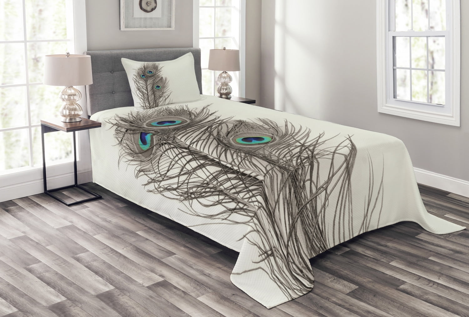 White Twin Quilted Bedspread Set with Peacock Design
