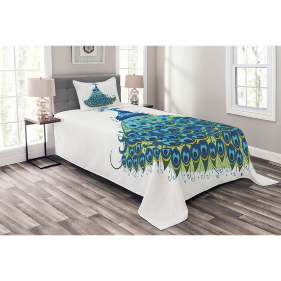 Ambesonne Peacock Quilted Bedspread Set 2 Pcs, Floral Feathery Bird Motif, Twin Size, Blue Yellow