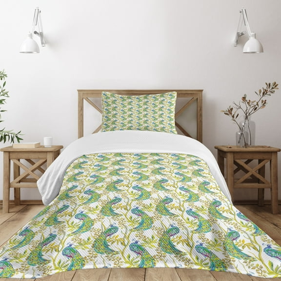 Ambesonne Peacock Quilted Bedspread Set 2 Pcs, Vivid Birds on Branches, Twin Size, Multicolor